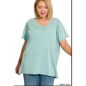 Zenana NWOT Dusty Teal Acid Washed Short Sleeve V-Neck Top Sizes 1X-3X